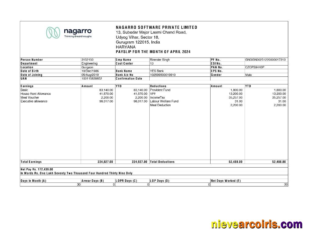 Nagarro Software payslip